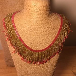 Fringe beaded gold and pink statement necklace